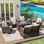 MEISSALIVVE 8 Pieces Patio Furniture Set with 43" Fire Pit Table, Wicker Patio Conversation Set with Swivel Rocking Chairs, Outdoor Patio Set for Lawn Backyard Porch (Brown)