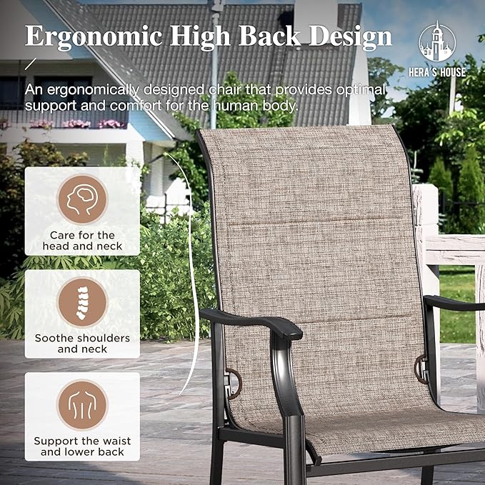 HERA'S HOUSE Premium Patio Dining Chair of 2, Rust Resistant Outdoor Chair with Textilene Padded Seat, Supports up to 350lbs with Comfort and Durability for Lawn Kitchen Garden Backyard