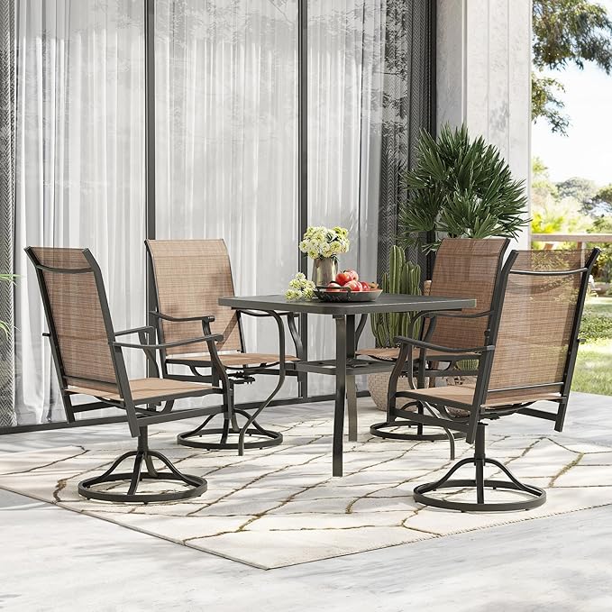 Patio Swivel Chairs Set of 6, Outdoor Dining Chairs with Textilene, Swivel & Rocker Metal Outdoor Patio Dining Chair All-Weather for Backyard, Brown Fabric with Black Frame