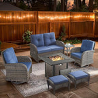 7 Piece Patio Furniture Set with Fire Pit Table - Wicker Patio Conversation Set with Swivel Glider, Glider Loveseat, Side Table and 2 Ottomans for Deck Backyard - Brown Wicker Blue Cushion