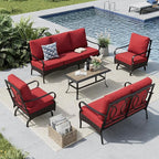 MFSTUDIO 5 PCS Outdoor Patio Furniture Set, Metal Outdoor Conversation Set, Rattan Wicker Patio Sectional Sofa Set with 2 x Rocking Single Sofa, 2-Seat and 3-Seat Sofa, 1 x Coffee Table, Red