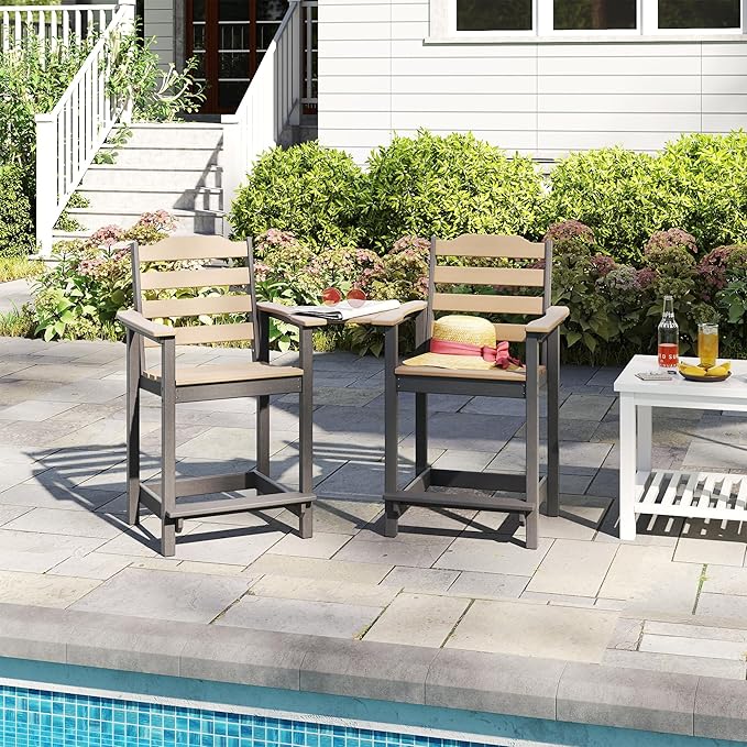 OTSUN Tall Adirondack Chairs Set of 2 with Connecting Tray, 24 inches HDPE Bar Height Outdoor Chairs, All Weather Resistant for Balcony, Porch, Kitchen (2 PCS, Black&Brown)