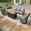 5 Pieces Patio Conversation Sets, All Weather Metal Outdoor Furniture Set, 3-Seater, 2 Swivel Rockers, 1 Side Tables, 1 Fire Pit Table for Backyard Garden Deck Porch Poolside, Gray
