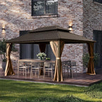 Domi 10' x 12' Hardtop Gazebo Permanent Metal Gazebo with Galvanized Steel Double Roof, Curtains and Netting for Party, Wedding, Outdoor Dining, Patio, Backyard, Brown