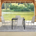 5 Pieces Round Dining Table Set for 4, Patio Dining Set Includes 4 Grey Stackable Patio Chairs and 1 Black Square Table, Patio Furniture Setss with Sling Support for Outside, Garden