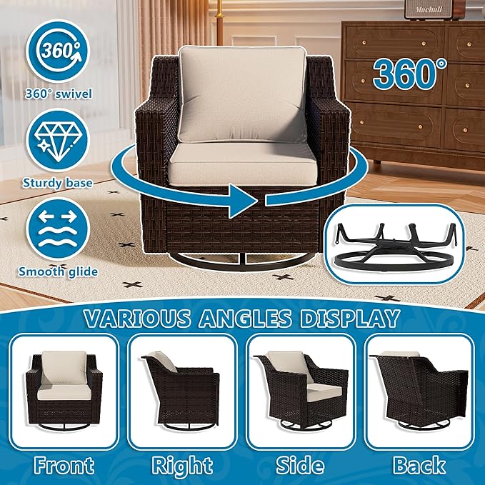 Vista Vibe Outdoor Patio Deep Seat Luxurious Chair - 360 Degree Swivel Glider Rocker Chair with Washable Cushions, Hand-Woven & All-Weather PE Rattan, Balcony, Yard (Brown/Beige)