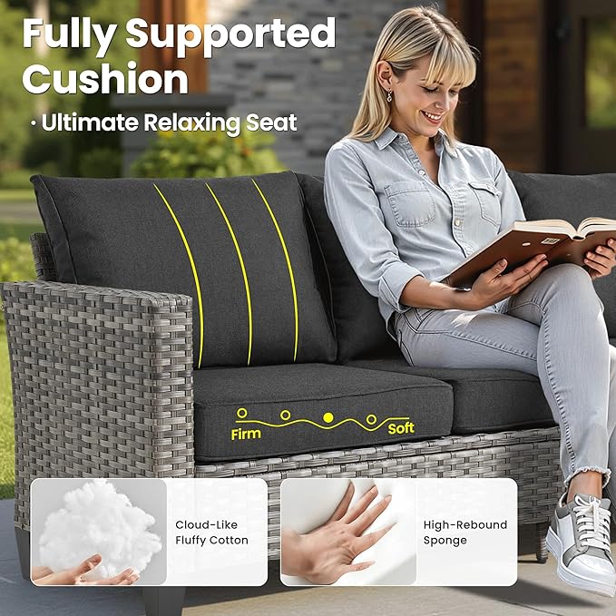 ovios 7 Pieces Patio Furniture Set with 42" Fire Pit Table, Outdoor Sofa Couch with Solar Lights Table Comfy Cushions, Modern Deep Seat Wicker Rattan Conversation Set, Black