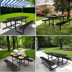 4FT Rectangular Steel Outdoor Picnic Table,Commercial Black Picnic Table Bench Set with Umbrella Hole, Weather-Resistant Heavy Duty School Dining Table for Patio, Garden, Backyard