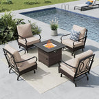 MFSTUDIO 5 Pieces Outdoor Patio Furniture Set, Metal Outdoor Conversation Sofa, Rattan Wicker Patio Sectional Sofa Set with 4 x Rocking Single Sofa, 1 x Fire Pit Table, Beige