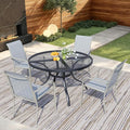 5 Pieces Round Dining Table Set for 4, Patio Dining Set Includes 4 Beige Blue Stackable Patio Chairs and 1 Black Mesh Round Table, Patio Furniture Sets with Sling Support for Outside, Garden