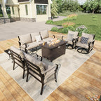 7 Pieces Outdoor Patio Conversation Sets with All Weather Cushions, Metal 3-Seater, 2 Swivel Rockers, 2 Single Chairs, 1 Side Tables, 1 Fire Pit Table for Backyard Deck Porch Poolside, Beige