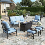 HERA'S HOUSE 6 Pieces Patio Furniture Set with Fire Pit Table, 2 x Single Chair, 2 x Ottoman, 3-Seat Sofa with 45" Fire Pit Table, Outdoor Conversation Set for Garden, Poolside, Backyard, Blue