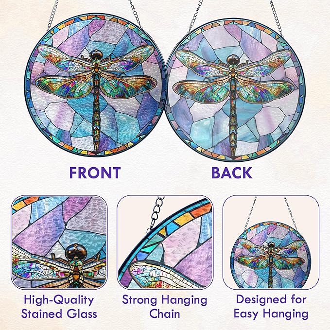 FLAGWIX Christmas Dragonfly Gifts for Women Men - Stained Glass Window Hanging 8 in - Dragonfly Garden Decor for Yard Decorations Outdoor, Sun Catchers Window Ornament for Home Christmas Decorations