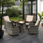 5-Piece Patio Furniture Set Includes 4 Swivel Rocker Chair and 1 Fire Pit, Wicker Conversation Set with Cushion Beige
