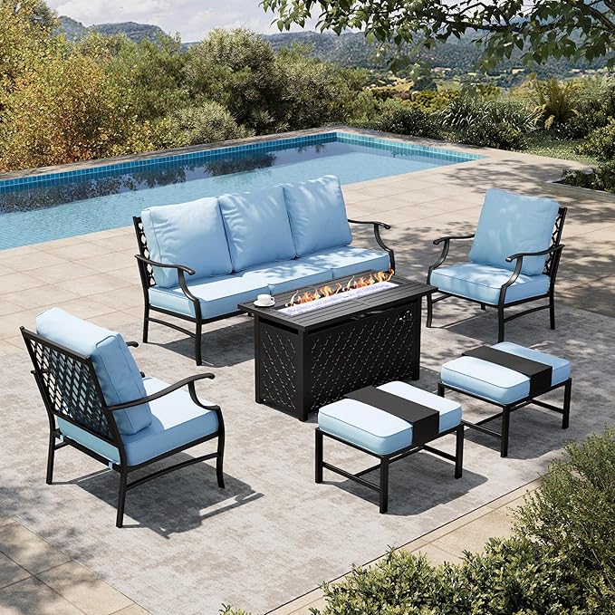 HERA'S HOUSE 6 Pieces Patio Furniture Set with Fire Pit Table, 2 x Single Chair, 2 x Ottoman, 3-Seat Sofa with 45" Fire Pit Table, Outdoor Conversation Set for Garden, Poolside, Backyard, Blue