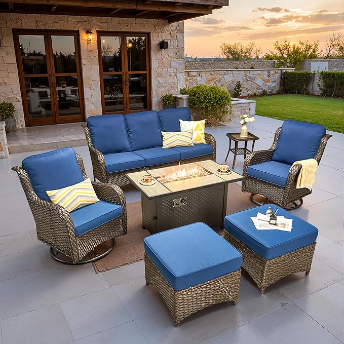 ovios 7 Pieces Patio Furniture Set, Outdoor Wicker Sofa Couch with Swivel Chairs 42" Fire Pit Table, High Back All Weather Modern Conversation Sets, Brown Rattan, Navy Blue