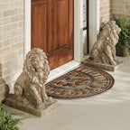 Lions at Guard Sculpture Set of 2 | Lion Statues | Outdoor Seasonal Lion Sculpture Set | Garden Backyard Yard Driveway | Weathered Sand | Realistic Lion Statues