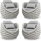 Patio Accent Chairs Set of 4: Aluminum Porch Lounge Chair with Arms - Woven Rope Cushioned Armchair - Modern One Seater Chair - Outdoor Deck Furniture for 400lbs Balcony Lanai Garden Hotel, Gray