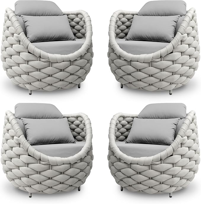 Patio Accent Chairs Set of 4: Aluminum Porch Lounge Chair with Arms - Woven Rope Cushioned Armchair - Modern One Seater Chair - Outdoor Deck Furniture for 400lbs Balcony Lanai Garden Hotel, Gray