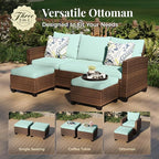Patio Furniture Set, 5 Pcs Wicker Rattan Outdoor Conversation Set, 2 x Leg Chairs, 1 x 3 Seater Sofa and 2 x Ottoman with 4" Thick Cushion for Garden Backyard Deck, Blue