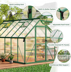 CABIHOME 8x12 FT Outdoor Greenhouse, Polycarbonate Greenhouse with Roof Vent and Ground Nails, Aluminum Large Walk-in Green House w/ Lockable Push Door for Outside Garden Backyard (Green, 8x12 FT)