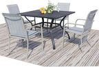 5 Pieces Sqaure Dining Table Set for 4, Patio Dining Set Includes 4 Beige Blue Stackable Patio Chairs and 1 Black Mesh Square Table, Patio Furniture Sets with Sling Support for Outside, Garden