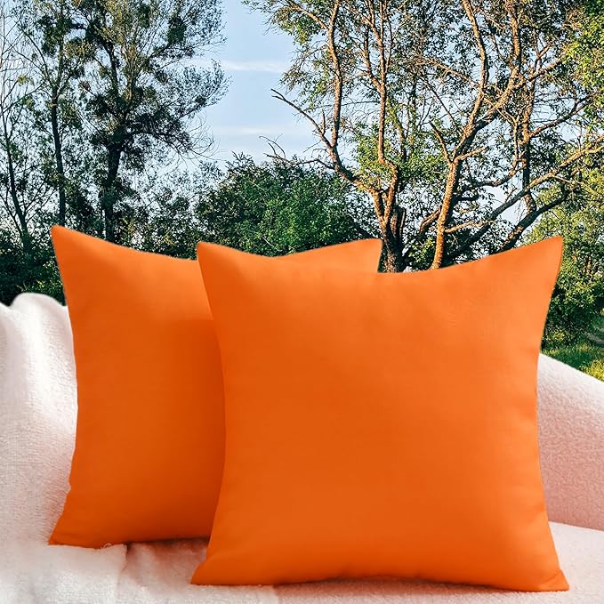 18" x 18" Throw Pillows, Outdoor Waterproof Pillows with Inserts, Square Decorative Pillows for Patio Furniture Garden Couch Sofa Home(Orange, Set of 2)