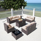 Outdoor Patio Furniture Sets with Propane Fire Pit Table, 10 Pieces Outdoor Furniture Patio Sectional Sofa Conversation Set w/ETL Approved 43" Gas Outdoor Fire Table & Coffee Table Brown.