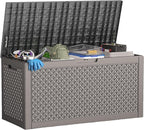 ROJIK Outdoor Storage Housing Deck Box - Waterproof Patio Furniture, Garden Tools, Cushions, Pool Accessories Storage Bench with Lockable Lid and Side Handles (Grey pattern,100 Gal)