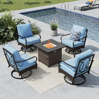 MFSTUDIO 5 Pieces Outdoor Patio Furniture Set, Metal Outdoor Conversation Sofa, Rattan Wicker Patio Sectional Sofa Set with 4 x Swivel Single Sofa, 1 x Fire Pit Table, Blue