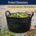 Large Bucket with Handles - 30L/8-Gal Natural Rubber Bucket - Multi Use Yard Waste Bin, Harvesting Basket for Gardening, or Utility Tub for Soaking and Washing Laundry by Kings County Tools (Black)