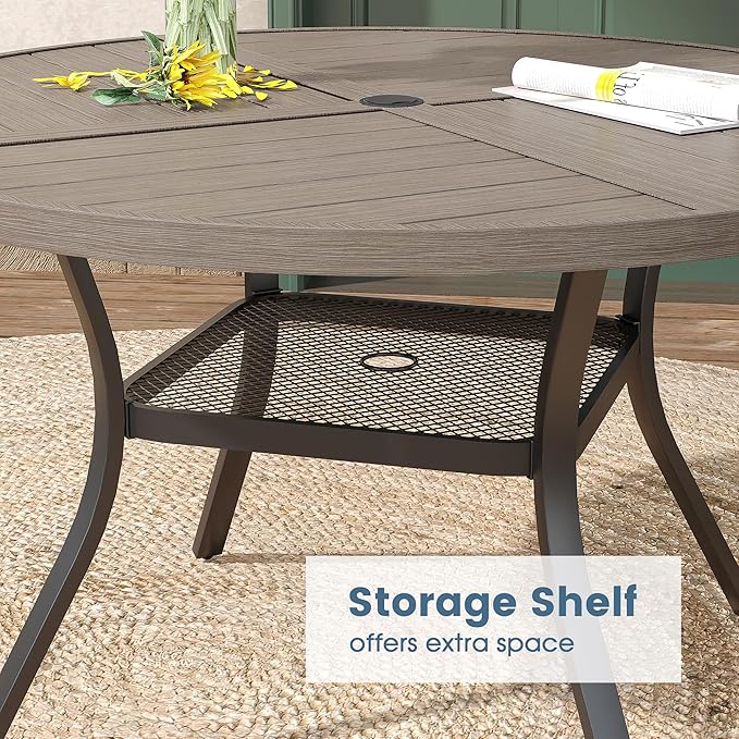 DIFY 7 Pieces Outdoor Patio Dining Set, 6 Sandshell Textilene Swivel Dining Chairs and 47.2" Grey Wood-Like Round Metal Dining Table, Outdoor Table and Chairs