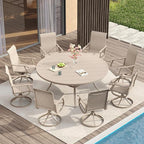 VICLLAX Patio Dining Set for 8, 9 Pieces Outdoor Furniture Includes 60" Round Patio Table with Umbrella Hole and 8 Outdoor Swivel Chairs for Lawn Garden, Sandshell Tabletop and Fabric