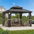 Modern Shade The Horizon Hardtop Gazebo 12' x 12' with 4 LED Lights, Permanent Outdoor Gazebo with Galvanized Steel Double Roof, Grill Pavilion with Decor Hooks, Mosquito Nettings, Black