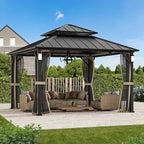 Modern Shade The Horizon Hardtop Gazebo 12' x 12' with 4 LED Lights, Permanent Outdoor Gazebo with Galvanized Steel Double Roof, Grill Pavilion with Decor Hooks, Mosquito Nettings, Black