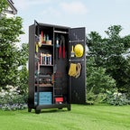 71" Metal Tools Storage Cabinet with Doors and Shelves, Outdoor Storage Sheds with Lock, Black Cleaning Supplies Organization Cabinet with Hanging Rod for Garage, Outdoor,