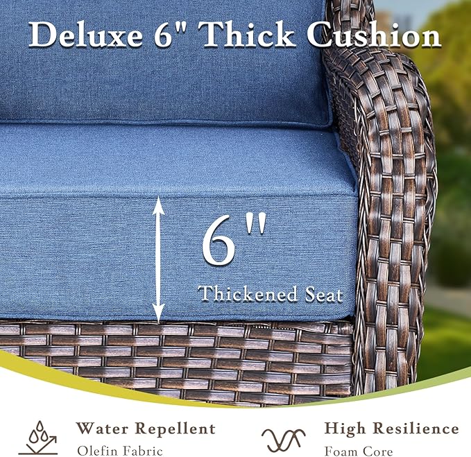 Luxury High Back Outdoor Furniture with 6-inch Extra Thick Cushions, Patio Furniture Set with Swivel Chairs, 5 PCS Wicker Conversation Set for Yard, Patio, Deck, Poolside, Brown/Blue
