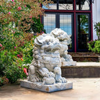 Zaer Ltd. Set of 2 Traditional Fu Dog Garden Statues, Chinese Guardian Lion Sculptures with Pedestals, Made with Magnesium-Cement (Distressed Gray)