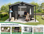 AMERLIFE 10x16.6x7.3 FT Metal Storage Shed with Lounge Area, Sliding Doors, 2 4-Pane Windows & Vents, Outdoor Tool Shed for Garden & Backyard, Heavy-Duty Weather-Resistant Steel, Dark Gray
