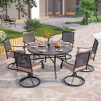 PHI VILLA 7 Pieces Outdoor Round Dining Set for 6, Large Wrought Iron Table with Umbrella Hole & Swivel Metal Chairs with Cushions, Modern Furniture Set for Patio, Deck, Yard, Porch