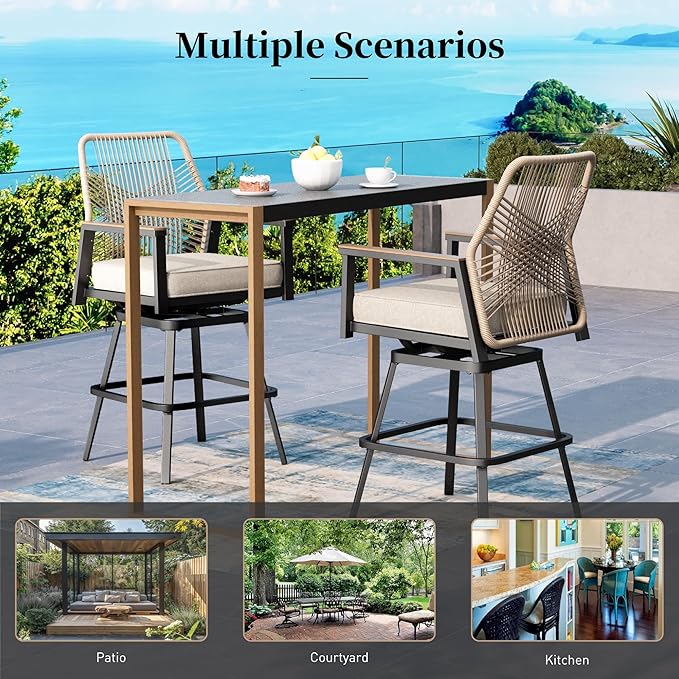 Outdoor Swivel Bar Stools Set of 2, Rattan High Top Patio Chairs with Waterproof Cushion and Armrest, All-Weather Bar Height Furniture for Outside Patio Balcony and Pool, Beige