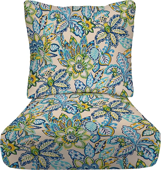 RSH DECOR: Deep Seating Cushion with Pillow Back | 23” x 26” Seat | All-Weather Spun Fabric | Water and Fade-Resistant | Outdoor Chair Cushion Set for Patio Furniture | Copeland Caribe Blue Floral