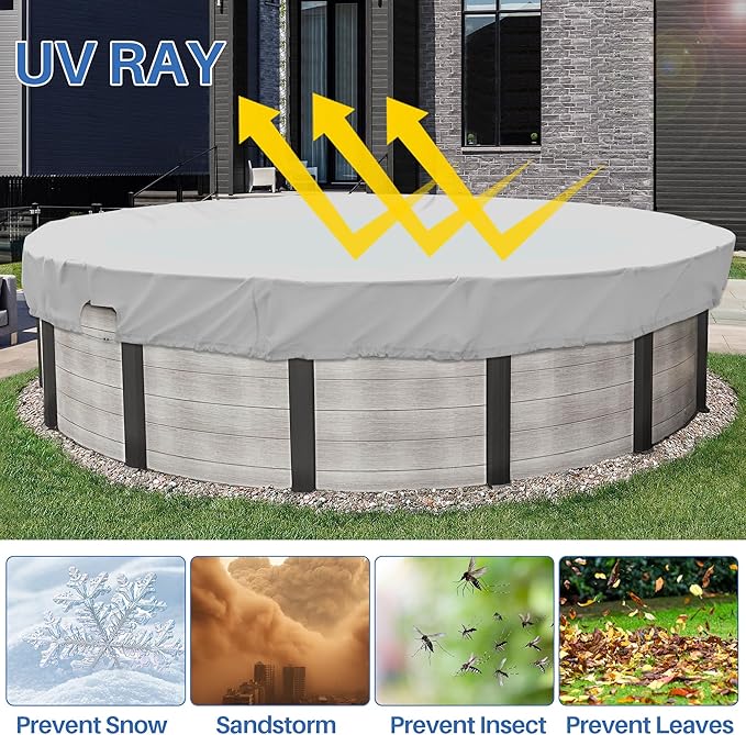 ECOOPTS 15 ft Waterproof Round Polyester Pool Cover for Above Ground Pools, Swimming Pool Cover Protector Winter Safety Cover (Light Grey)