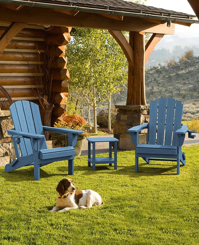 SERWALL Folding Adirondack Chair Set with 9 Ft Umbrella, Adjustable HDPE Adirondack Chair with 3 Recline Positions, Blue (Umbrella Base is not Included)
