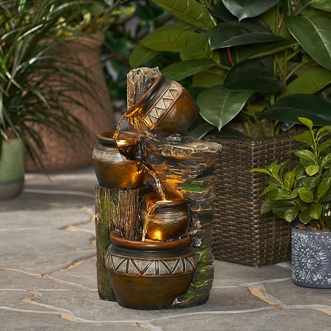 Merax 19.75" High Weather Resistant Floor Fountain with Light, 3 Tier Outdoor Fountain, Stacked Jar Design for Garden Patio Yard, Brown+Gray