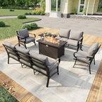 6 Pieces Patio Conversation Sets, All Weather Metal Outdoor Furniture Set, 3-Seater, 2 Single Chairs, 1 Loveseat, 1 Coffee Table, 1 Fire Pit Table for Backyard Garden Deck Porch Poolside, Gray