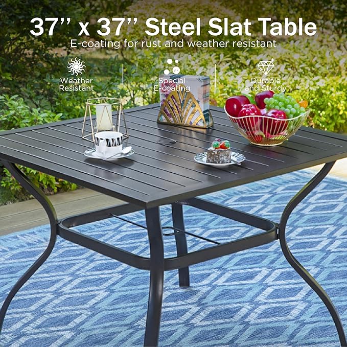 PHI VILLA Patio Dining Set 5 pcs with Umbrella(Beige),1 Square Metal Table& 4 Metal Outdoor Stackable Chairs and 1 10ft 3 Tier Auto-tilt Umbrella (Base Not Included)