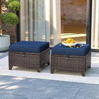 2 Pieces Patio All-Weather Wicker Ottomans with Cushions, PE Rattan Outdoor Conversation Furniture Set for Backyard, Deck, Lawn (Navy Blue)