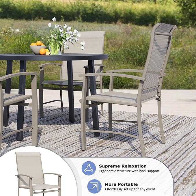 Outdoor Dining Chairs Set of 2, Stackable Patio Chairs with Metal Frame & Textilene Fabric, Perfect for Patio Garden Deck, Ivory