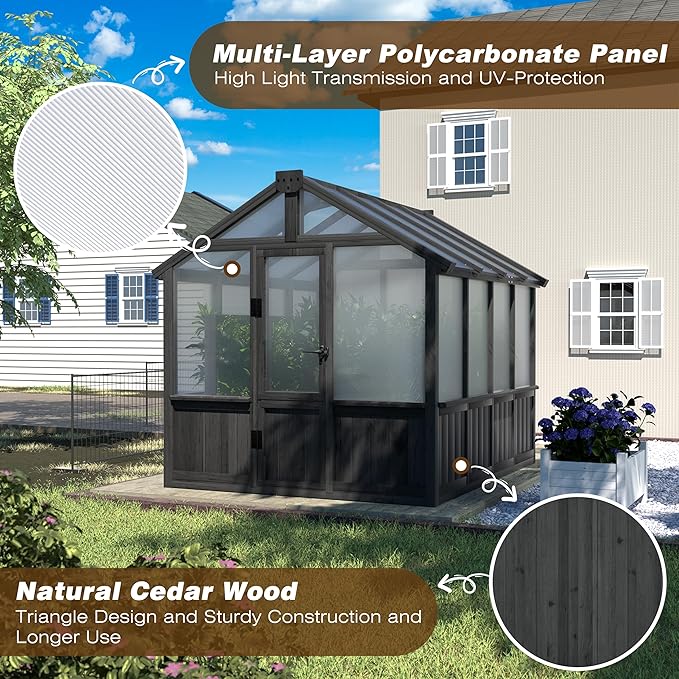 BlueWish 6x8FT Greenhouse, Greenhouse for Outdoor with Cedar Frame, Adjustable Vent, Wood Greenhouses with Polycarbonate Panel, Green House for Outside, Garden, Backyard, Black